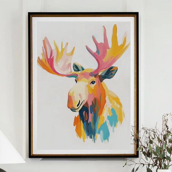 Colorful Abstract Moose Painting in Pink Orange and Teal Poster