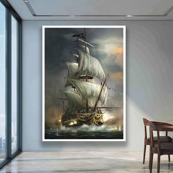 Pirate Ship With Skull Flag Firing Cannons at Sea Battle Poster
