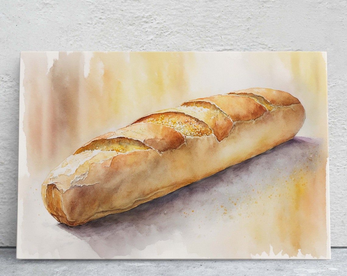 Crusty French Baguette Bread Watercolor Bakery Kitchen Decor Poster
