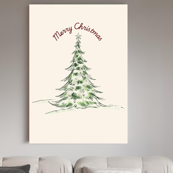 Merry Christmas Minimalist Green Pine Tree Holiday Art Poster