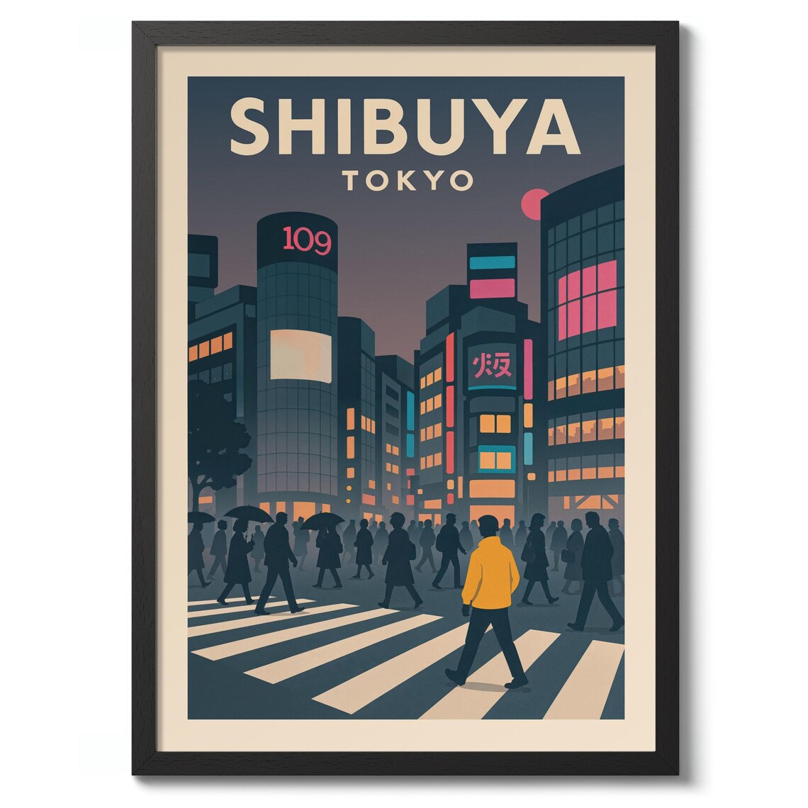 Shibuya Tokyo Night Crossing Neon City Lights Retro Travel Poster
