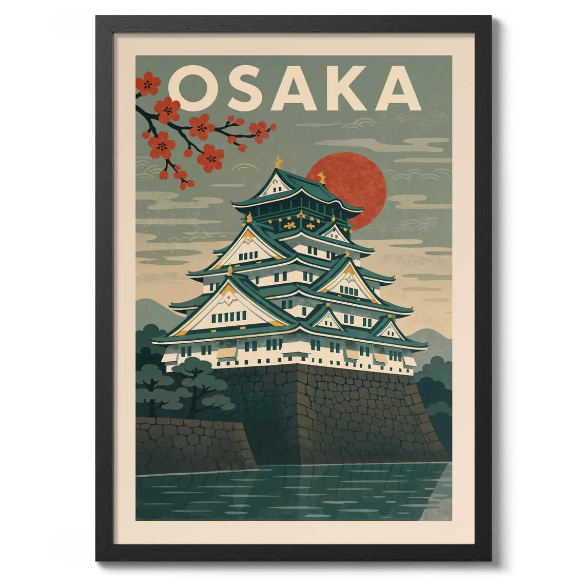 Osaka Castle Cherry Blossom Retro Sunset Japanese Travel Art Poster