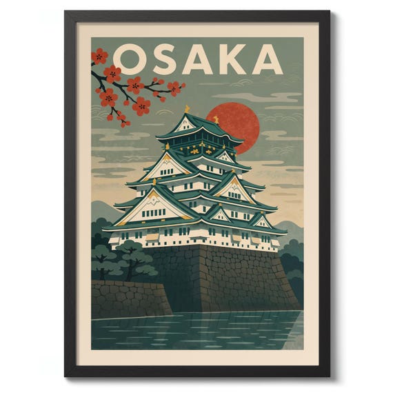 Osaka Travel Print Japanese Poster Minimalist Modern Wall Art Decor Cherry Blossom Sun Sunset Theme