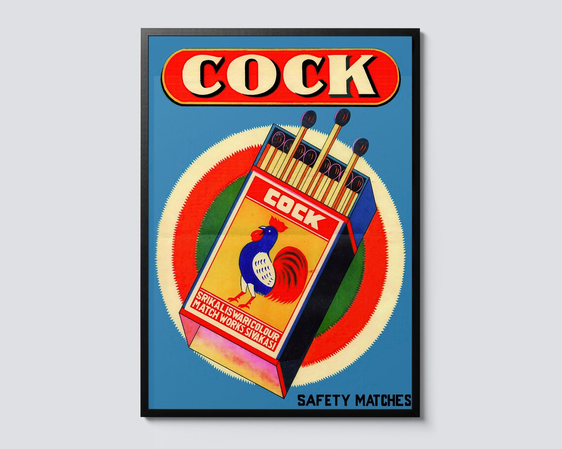 Cock Matchbox Vintage Illustration Poster, Retro Chicken