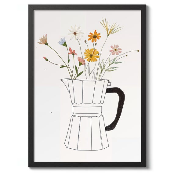 Flower Coffee Pot Print Kitchen Decor Poster Line Art Wall Gift