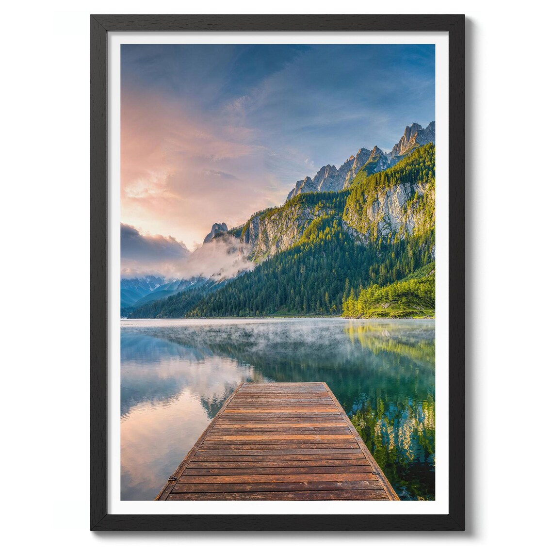 Mountain Lake Wooden Dock Sunrise Mist Nature Photography Poster