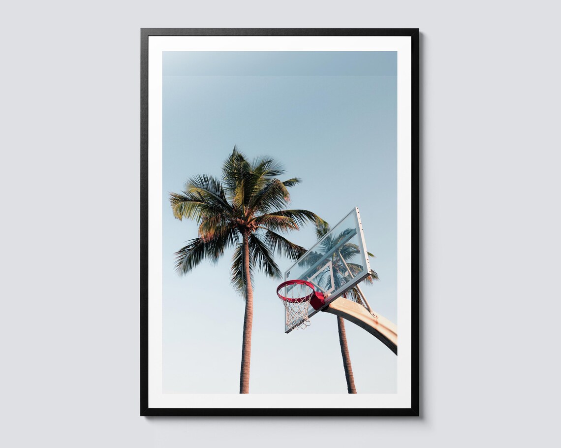 Basketball Hoop Palm Tree Sunset Minimalist Photo Sports Poster