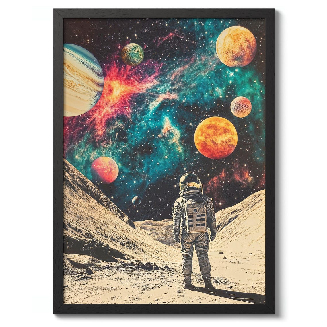 Astronaut On Moon Gazing At Colorful Planets Cosmic Galaxy Poster