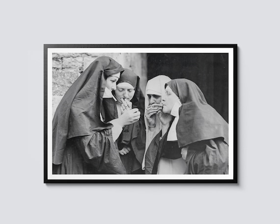 Smoking Nuns Vintage Religious Humor Art Print