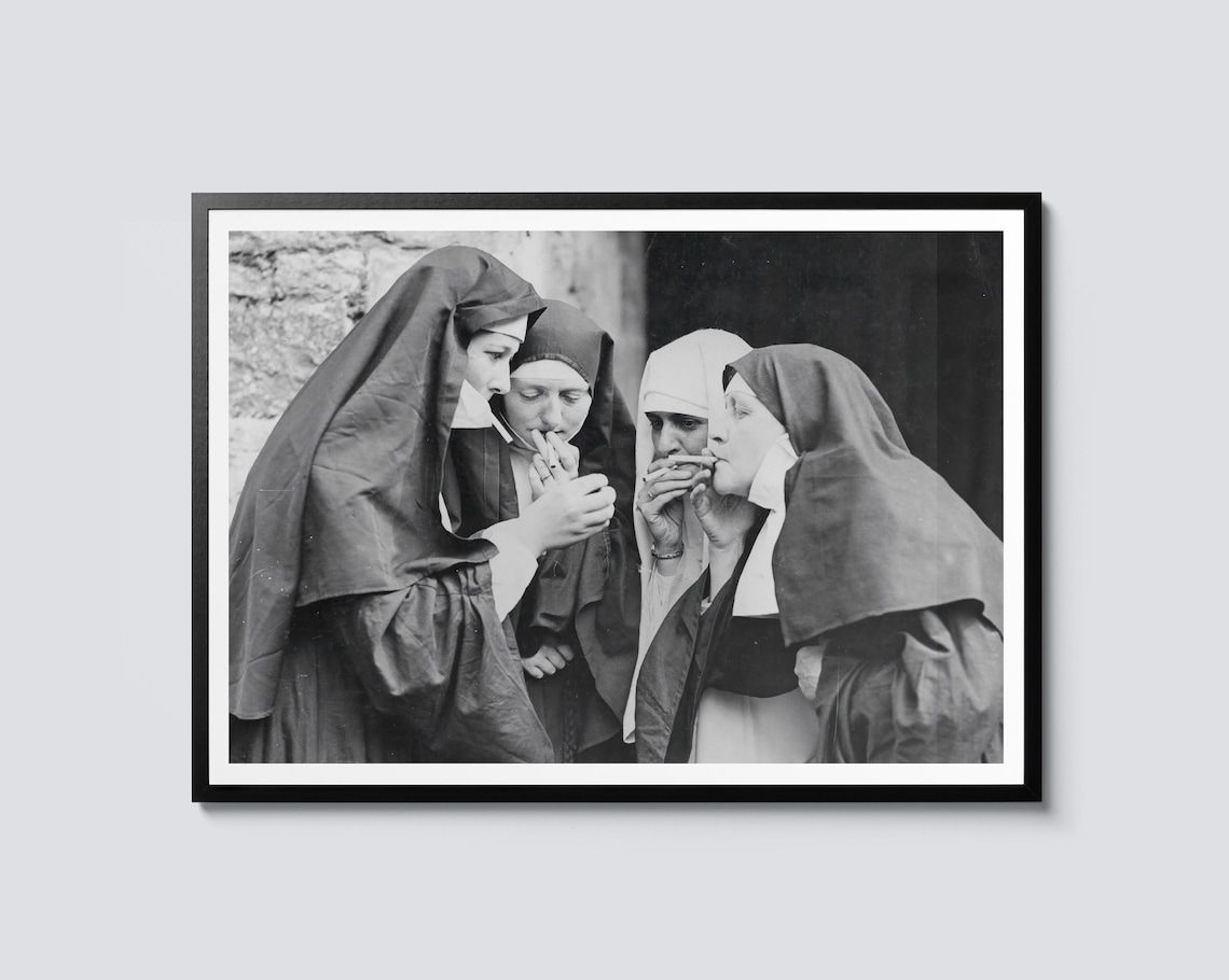 Smoking Nuns Vintage Religious Humor Art Print