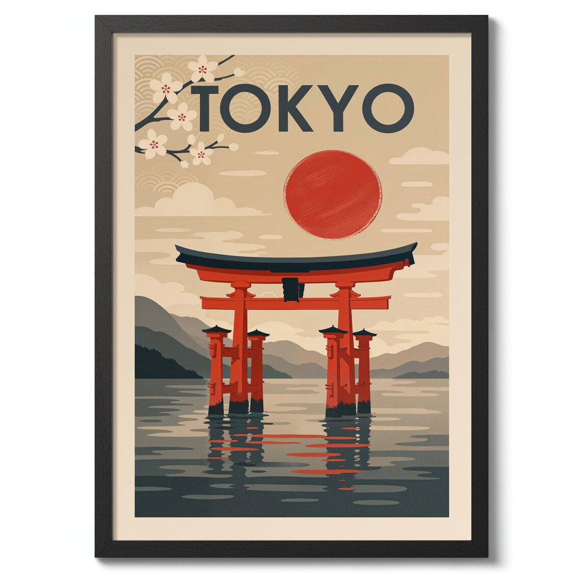 Tokyo Japan Red Torii Gate Rising Sun Cherry Blossom Travel Poster