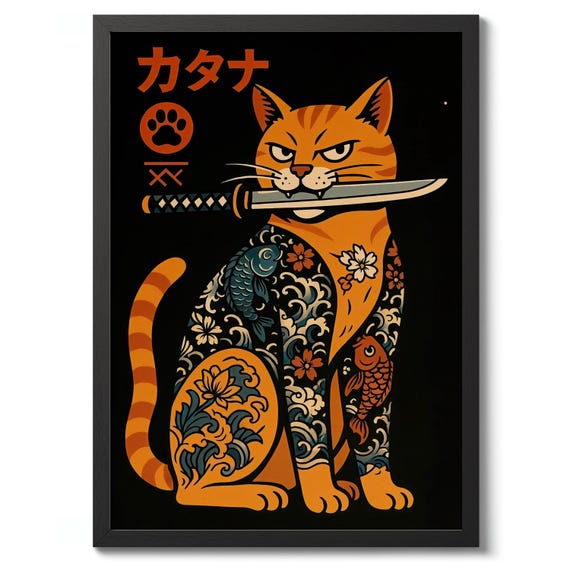 Yakuza Cat Anime Poster, Graphic Art Print