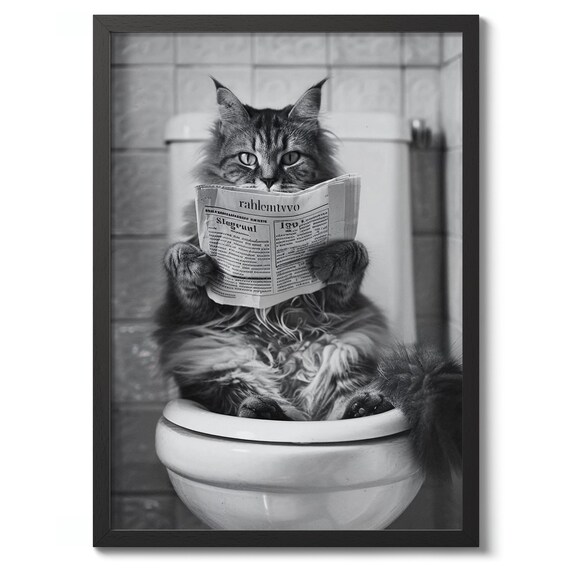 Black And White Cat Reading Newspaper On Toilet Funny Bathroom Wall Art