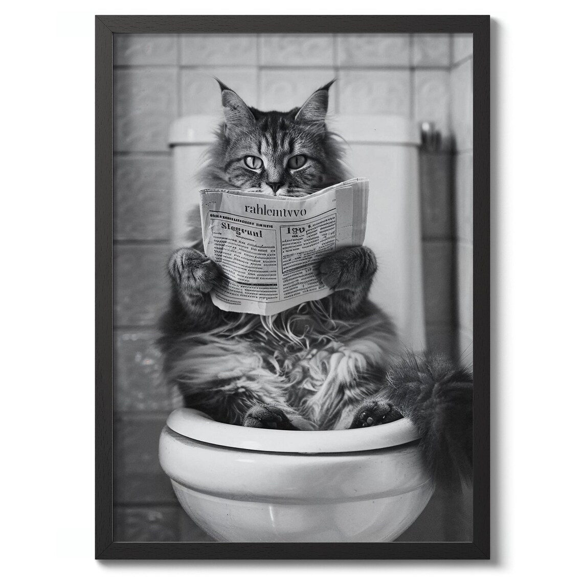 Black And White Cat Reading Newspaper On Toilet Funny Bathroom Wall Art