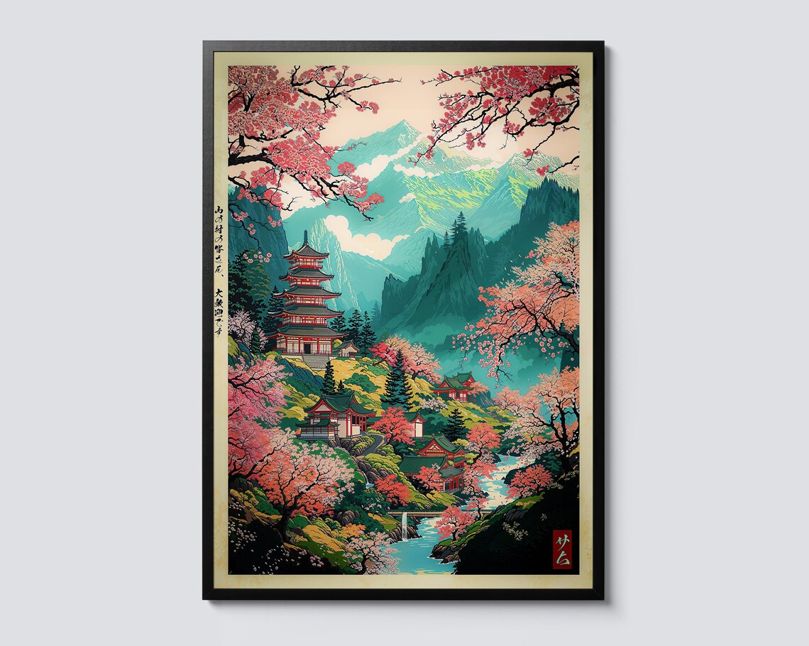 Pagoda At Mount Yoshina Ukiyo-E Inspired Travel Poster