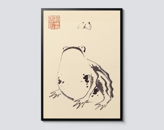 Frog Butterfly Sumie Wall Art Traditional Japanese Line Print By Matsumoto Hoji Minimalist Nature Decor Charming Gift Idea