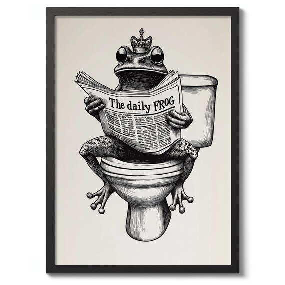 Funny Crowned Frog King Toilet Reading Daily Newspaper Art Poster