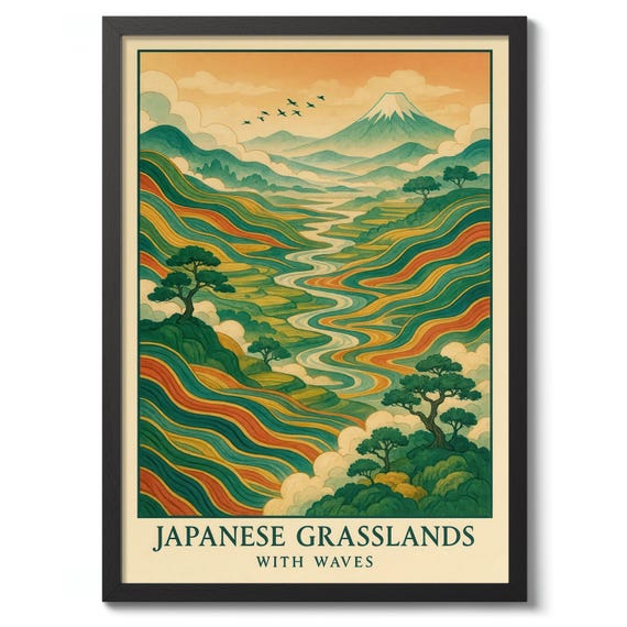 Japanese Grasslands Print Poster Wall Art Mount Fuji Decor Illustration Gift