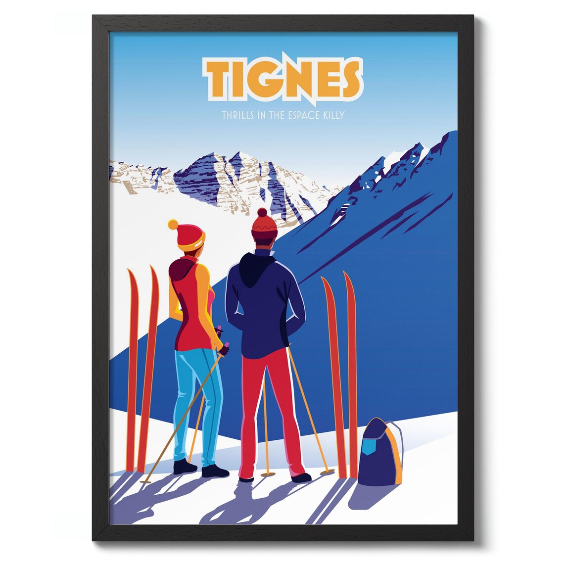 Tignes Espace Killy Two Skiers Retro French Alps Travel Poster