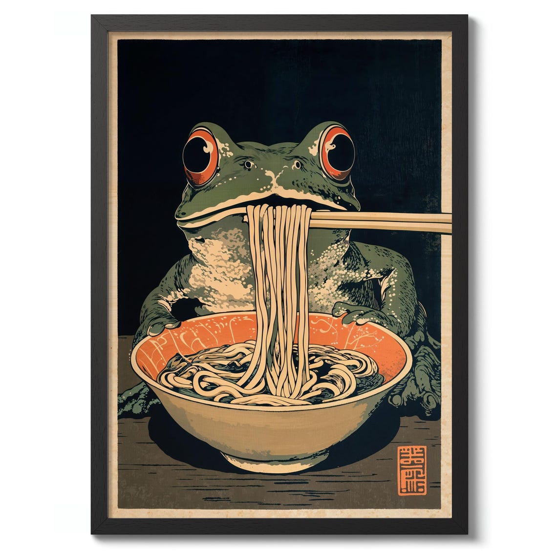 Funny Frog Eating Noodles With Chopsticks Japanese Style Poster