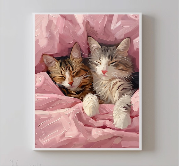 Two Kittens Cuddling Pink Blanket Sleepy Cats Oil Painting Poster