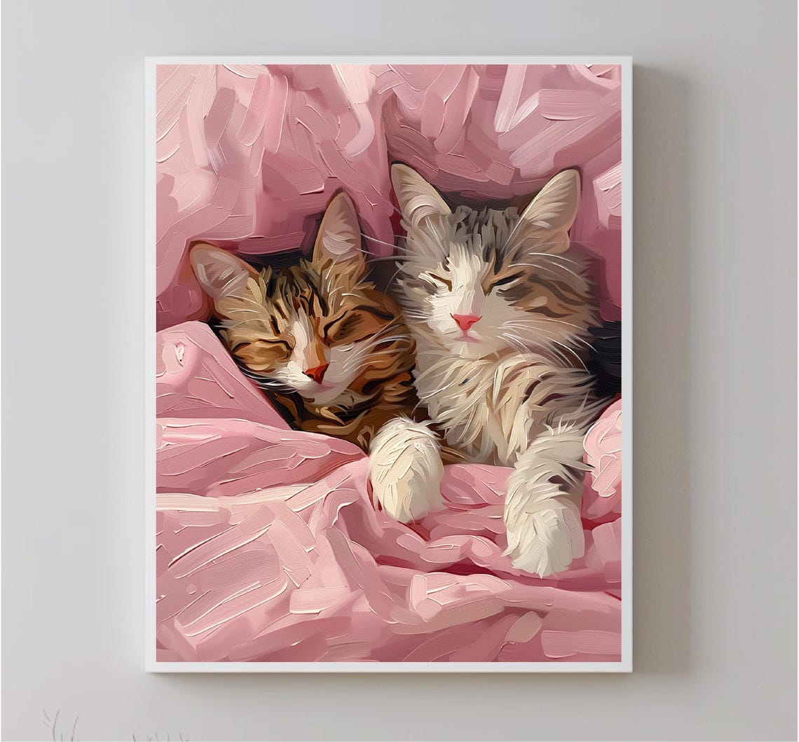 Two Kittens Cuddling Pink Blanket Sleepy Cats Oil Painting Poster