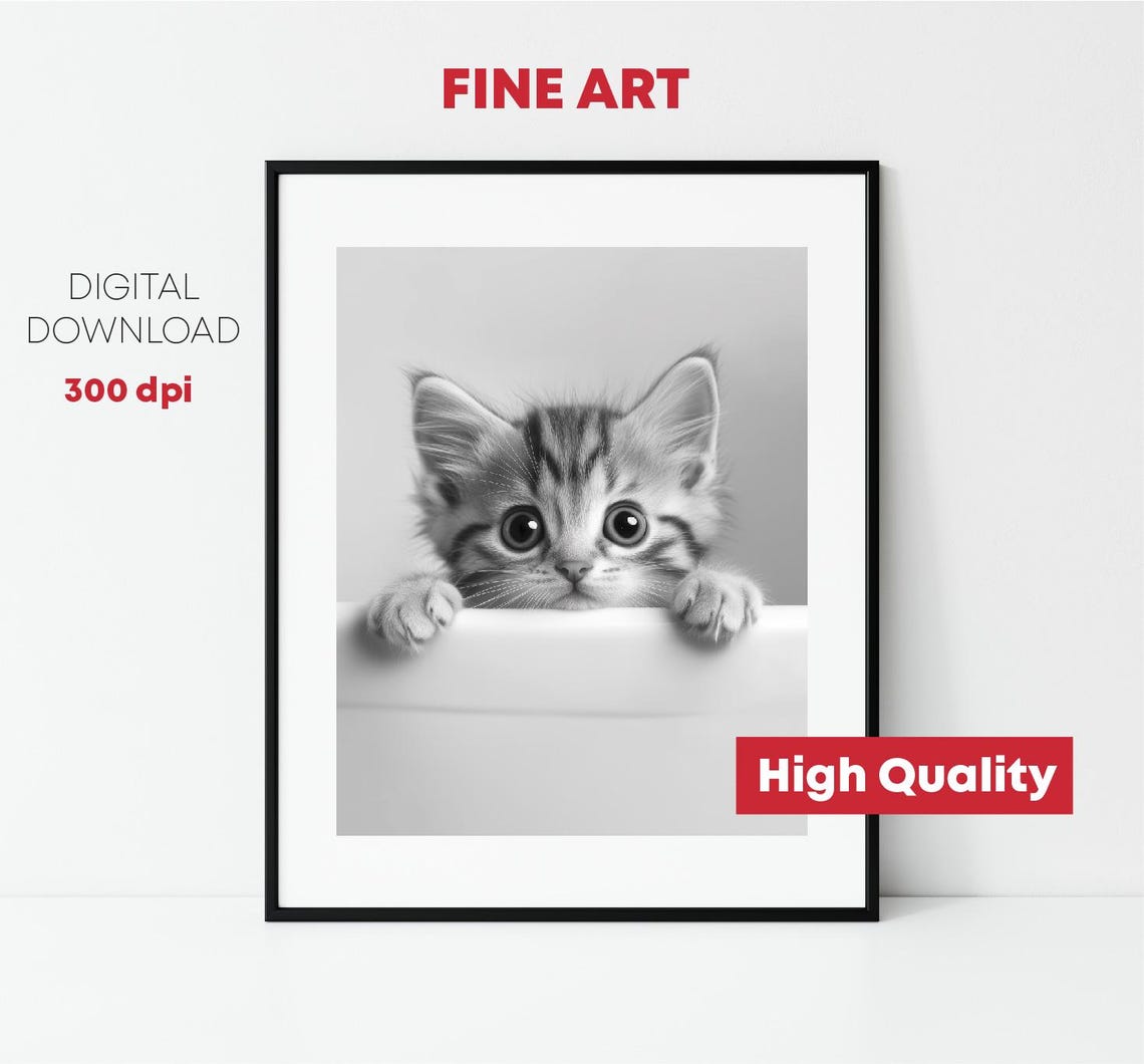 Tabby Kitten Peeking Over Bathtub Black White Cute Cat Photo Print - Image 2