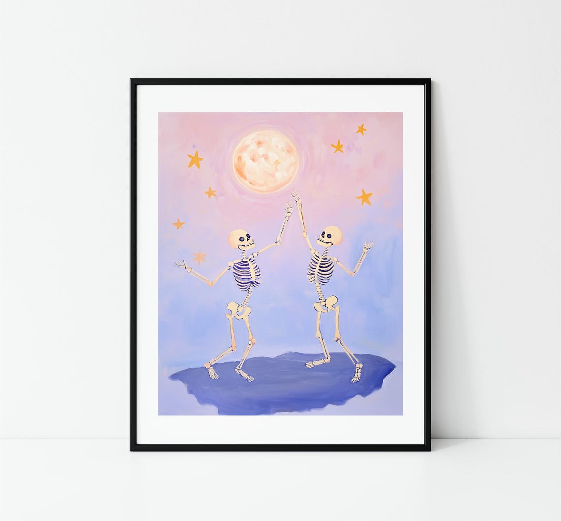 Dancing Skeletons Under Full Moon Pink Pastel Halloween Print - Image 3