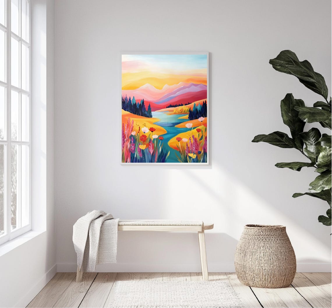 Mountain River Valley Sunset Wildflower Meadow Vivid Landscape Poster - Image 5