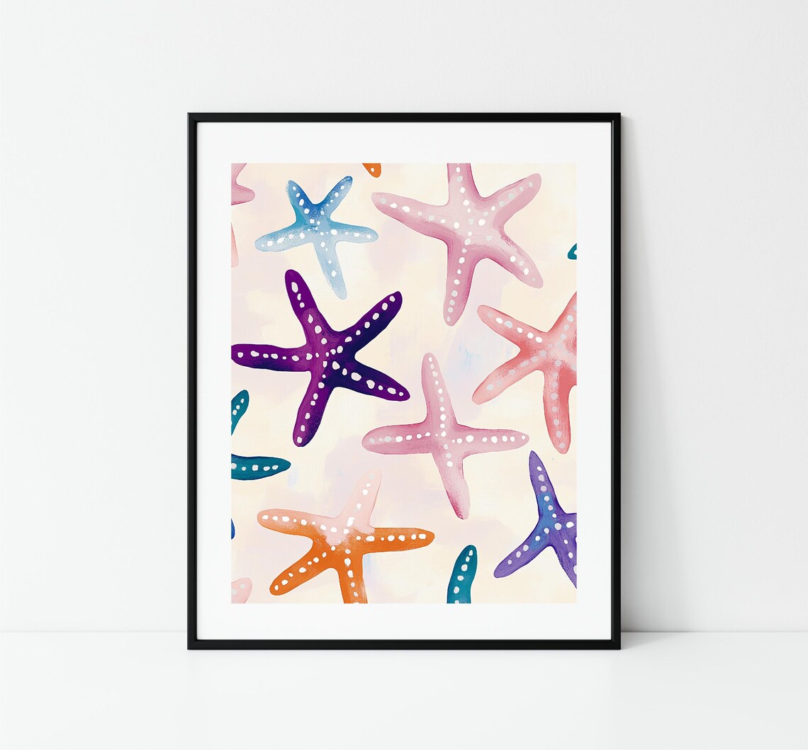 Pink Pastel Starfish Painting Pastel Sea Shells Wall Art Print Pink Decor Beach House Deco - Image 3