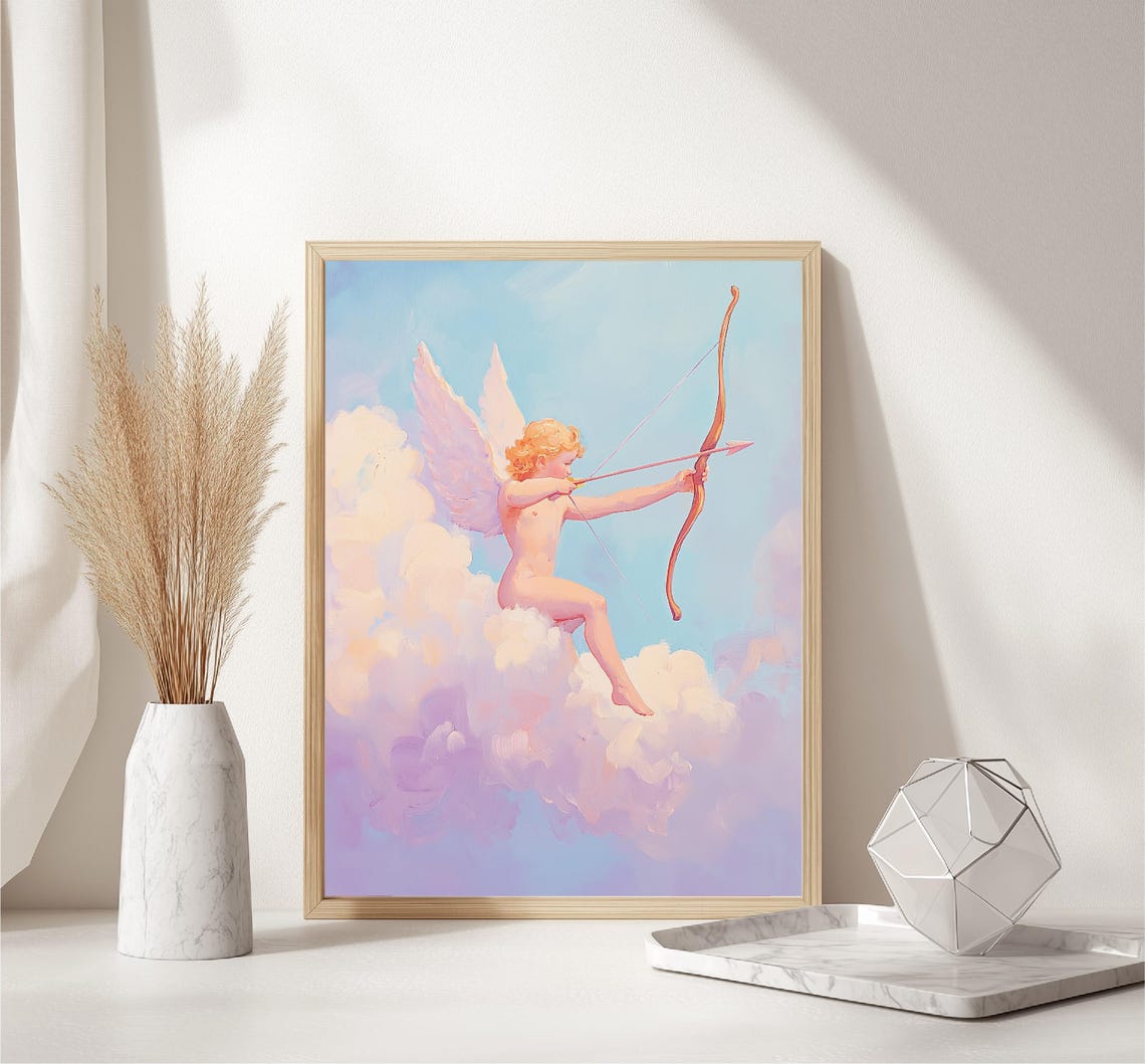 Cupid Drawing Bow On Dreamy Pastel Clouds Romantic Angel Wall Art - Image 6