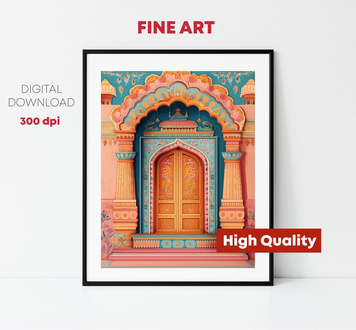 Jaipur India Palace Door Illustration Teal Peach Arches Travel Poster - Image 5