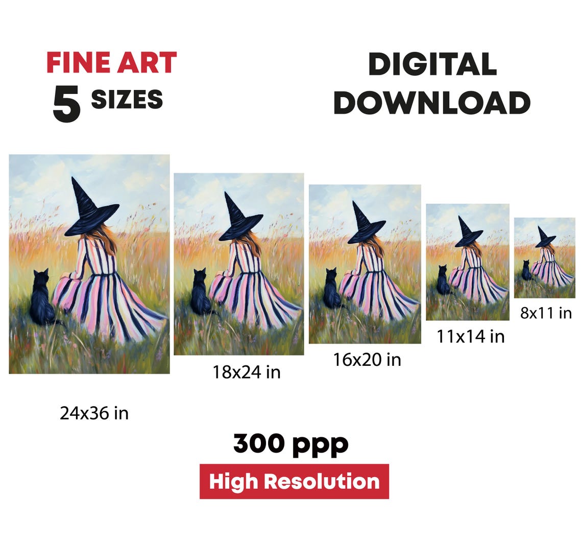 Witch In Striped Dress Meadow With Black Cat Whimsical Halloween Print - Image 4