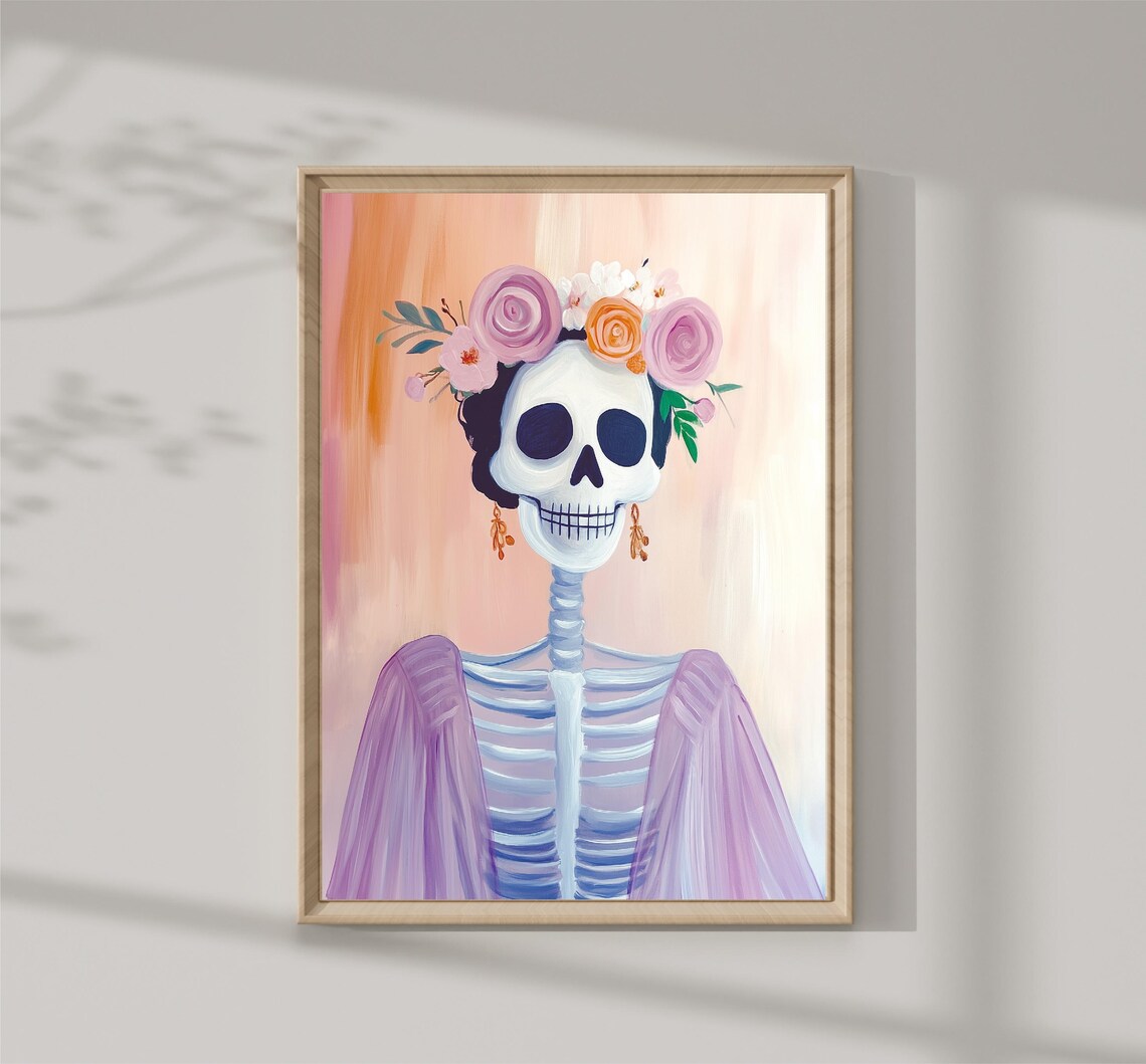 Floral Crown Skeleton Woman Day Of The Dead Pastel Art Print