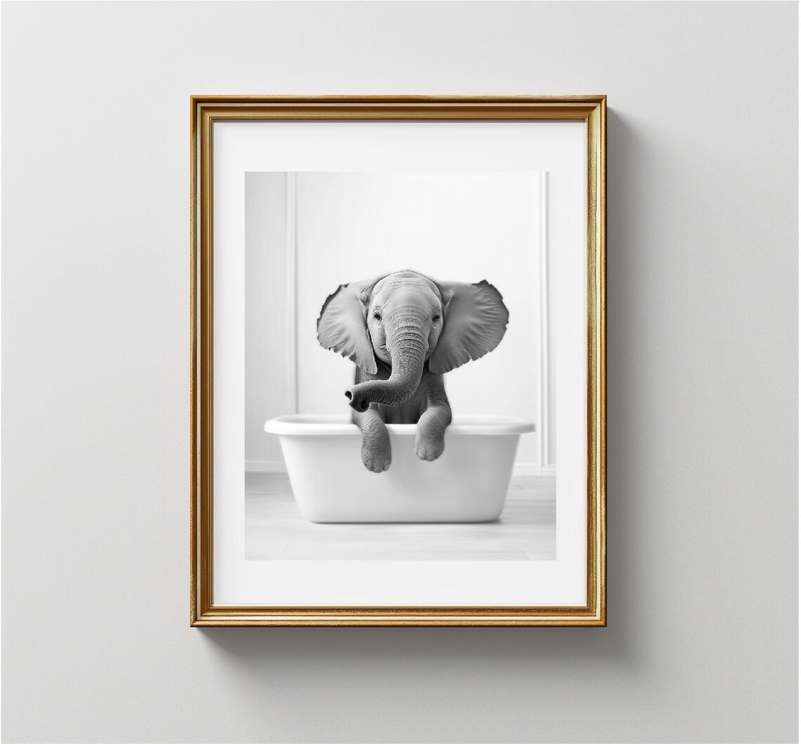 Baby Elephant Sitting In White Bathtub Black White Nursery Photo Print - Image 3