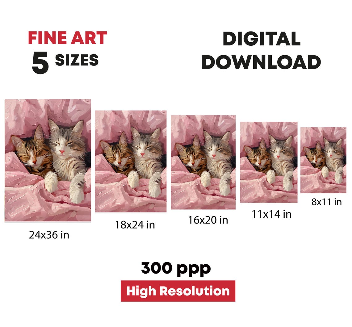 Two Kittens Cuddling Pink Blanket Sleepy Cats Oil Painting Poster - Image 4