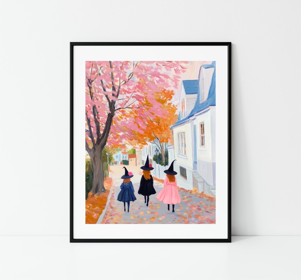 Three Little Witches Autumn Street Pink Fall Trees Halloween Print - Image 3