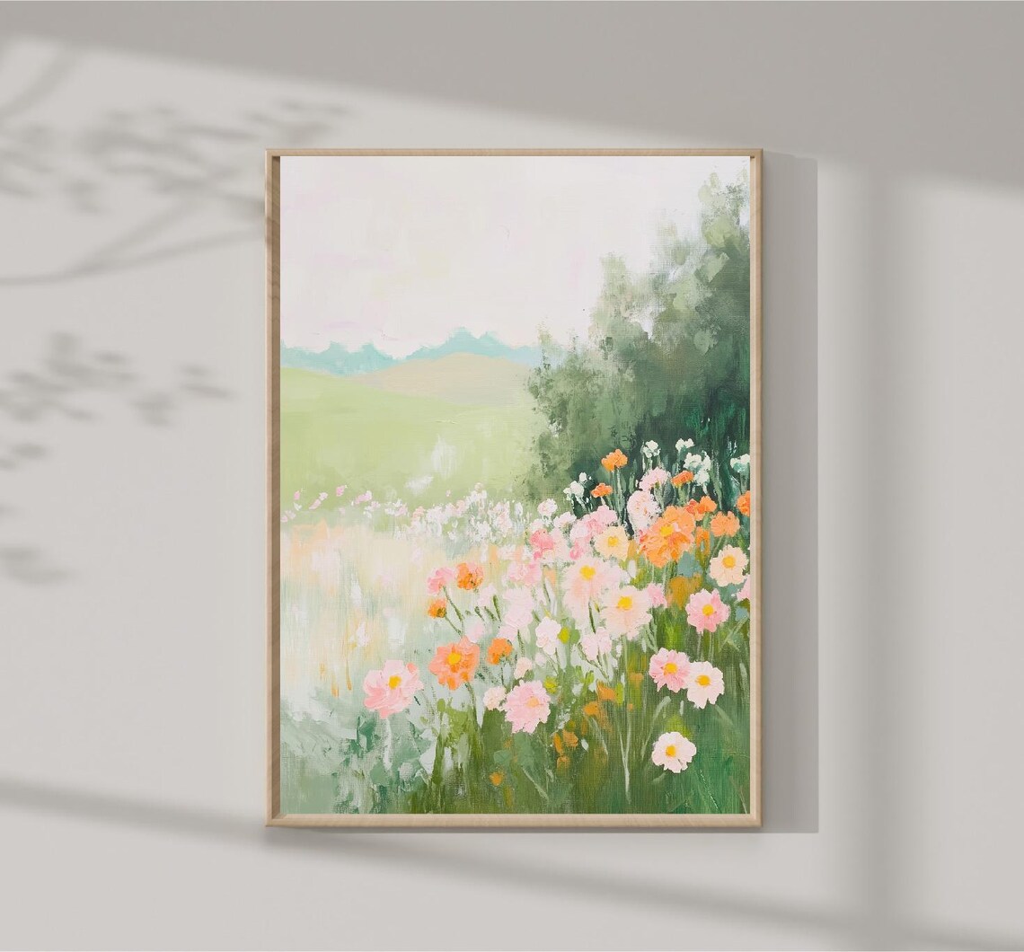 Wildflower Meadow Pastel Cosmos Field Green Hills Landscape Poster