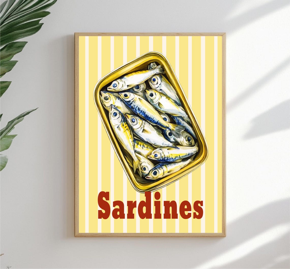 Sardines Tin Illustration Yellow Striped Background Kitchen Poster - Image 4