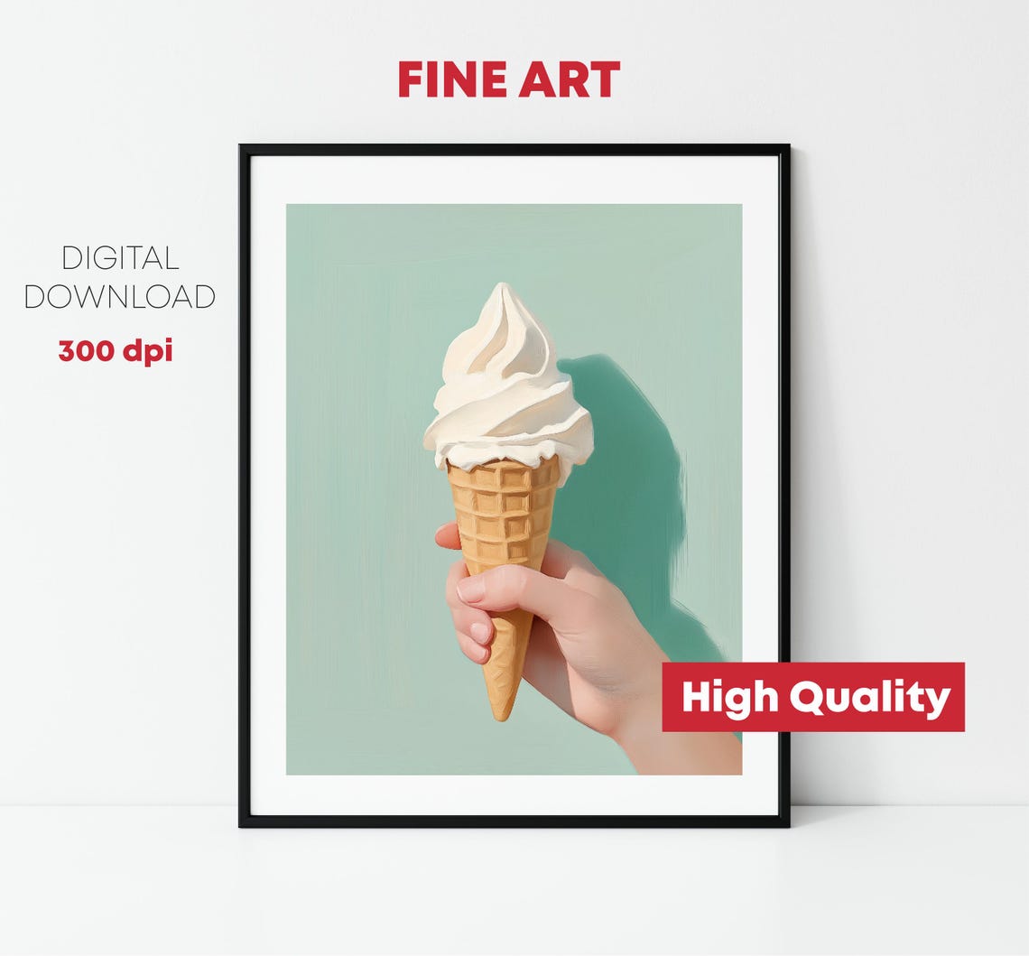 Vanilla Soft Serve Ice Cream Cone Hand Mint Background Art Print - Image 2