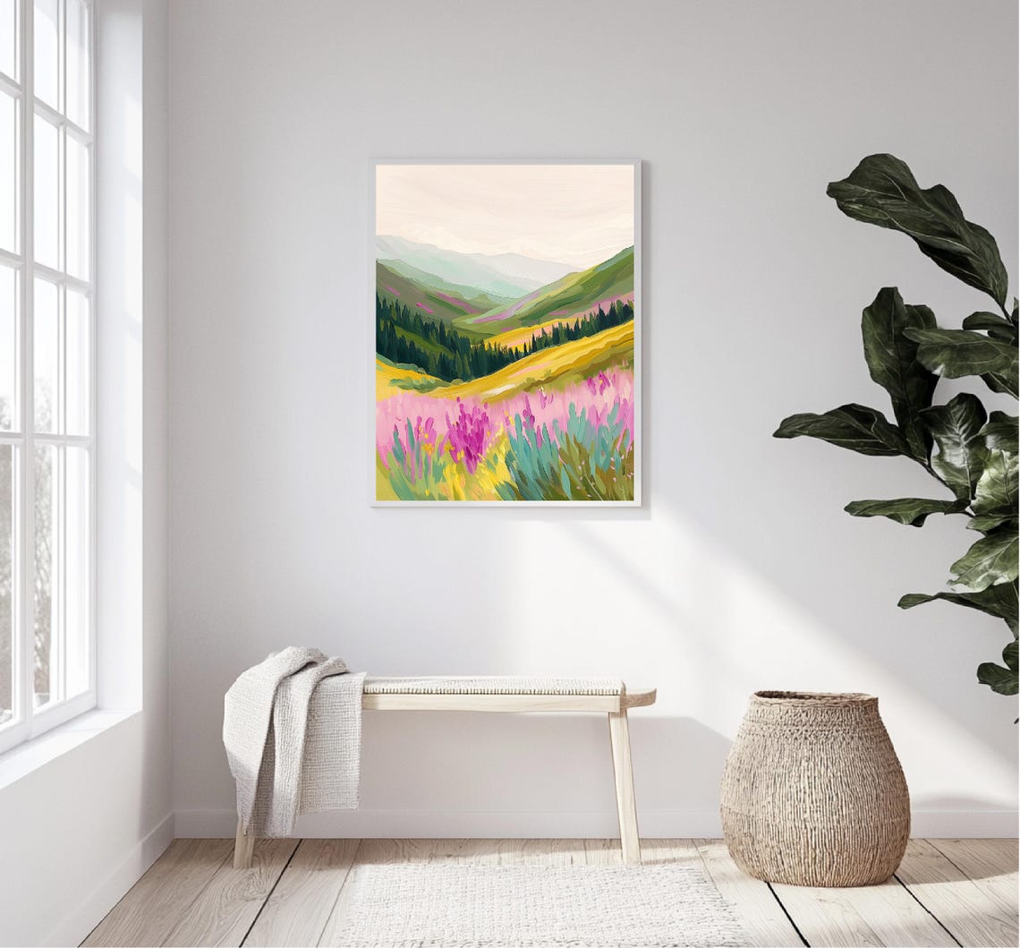Pink Wildflower Meadow Mountain Valley Golden Hills Landscape Poster - Image 5