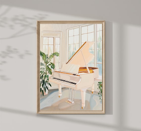 White Grand Piano Bright Sunroom Plants Elegant Music Room Poster