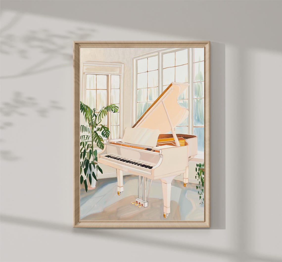 White Grand Piano Bright Sunroom Plants Elegant Music Room Poster