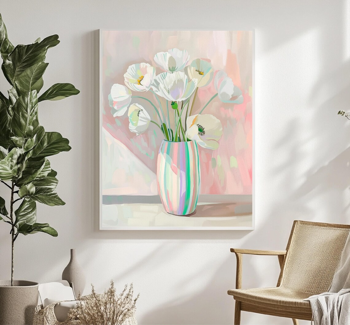 White Poppies In Pastel Striped Vase Floral Still Life Art Poster - Image 4