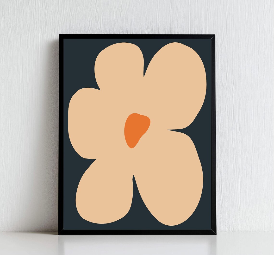 Peach Abstract Flower Dark Charcoal Background Botanical Wall Art - Image 2