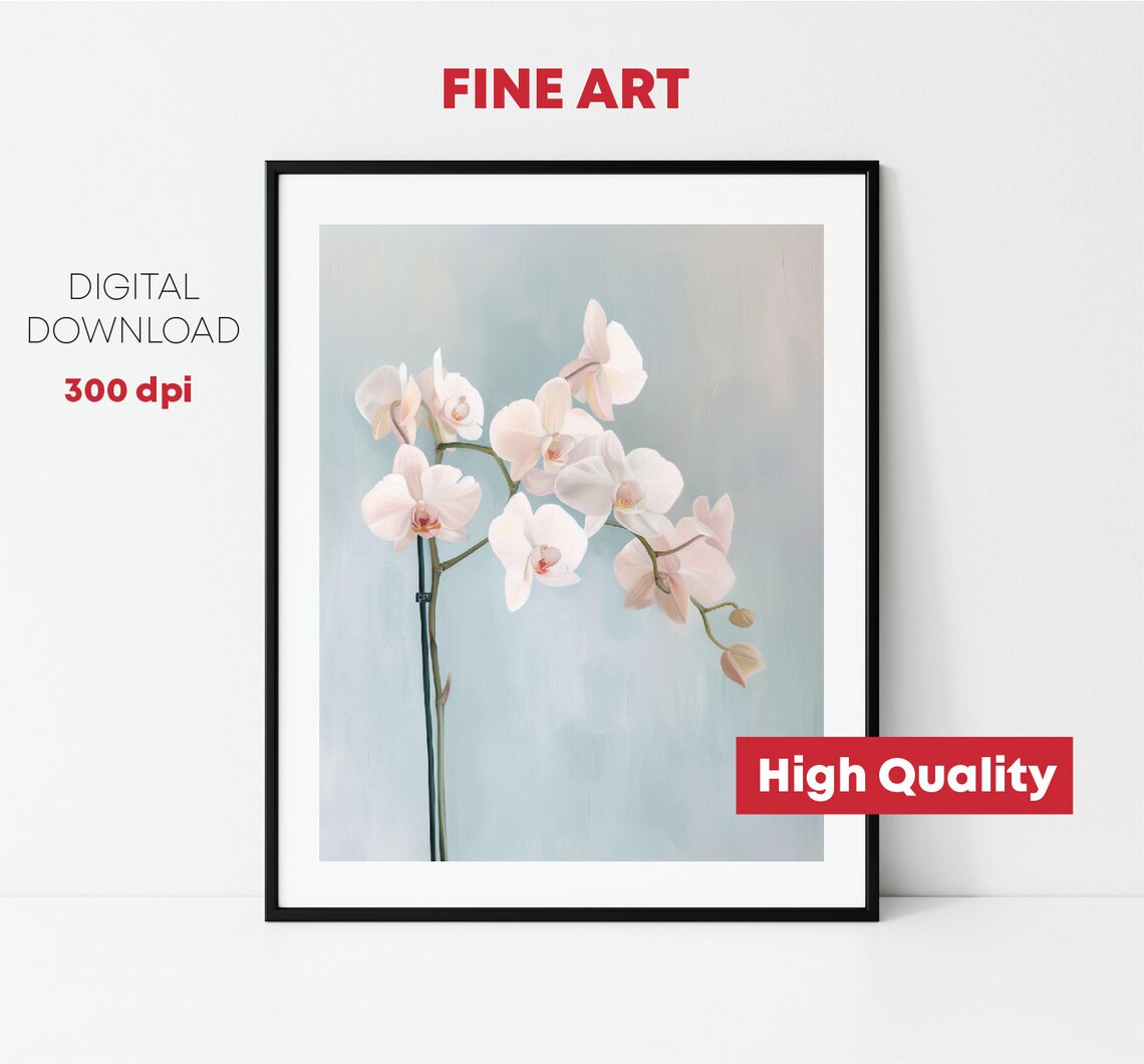 White Orchid Blossoms Soft Blue Background Botanical Art Print - Image 2