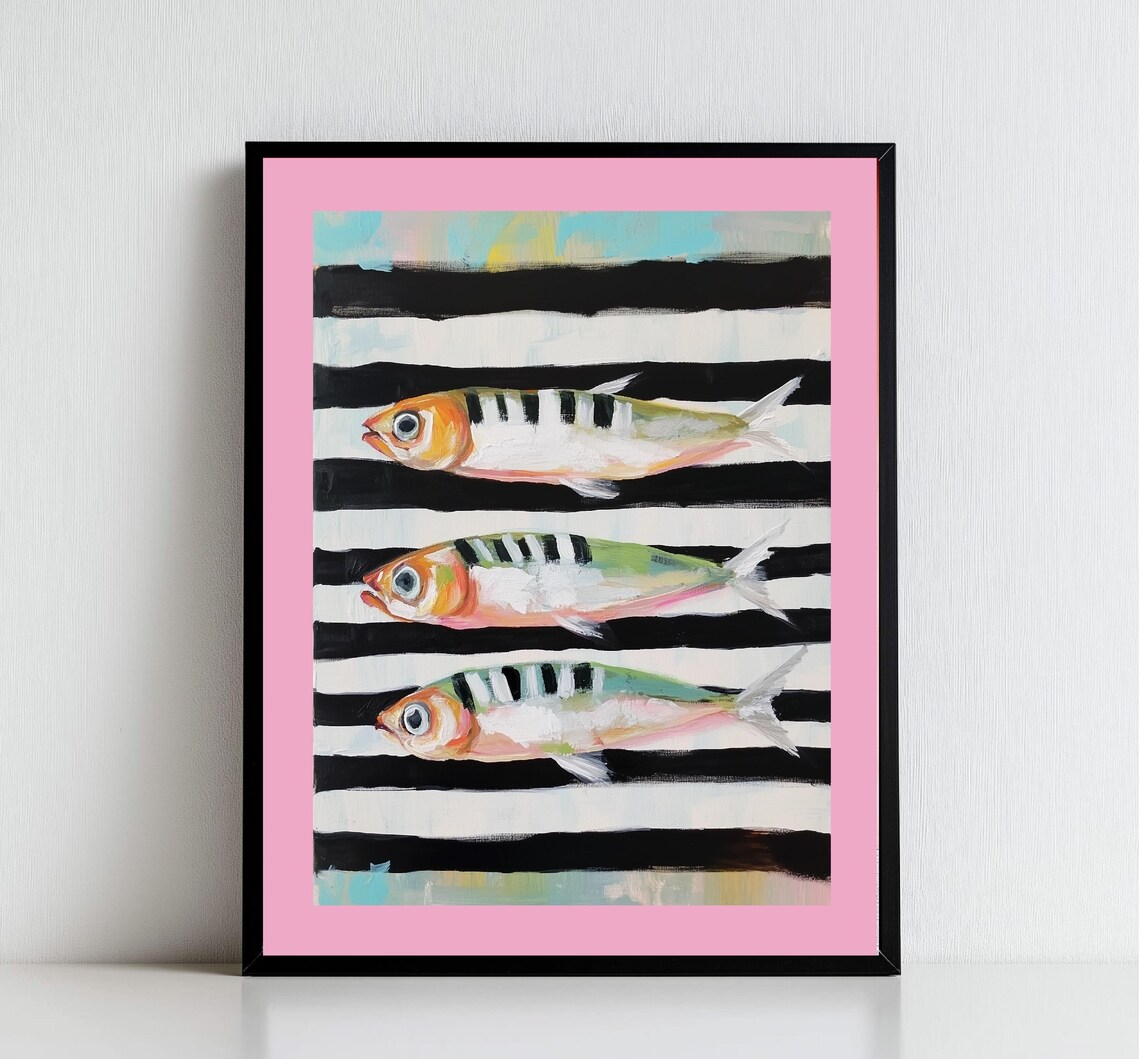 Painted Striped Sardines Trio Pink Border Coastal Kitchen Print - Image 3