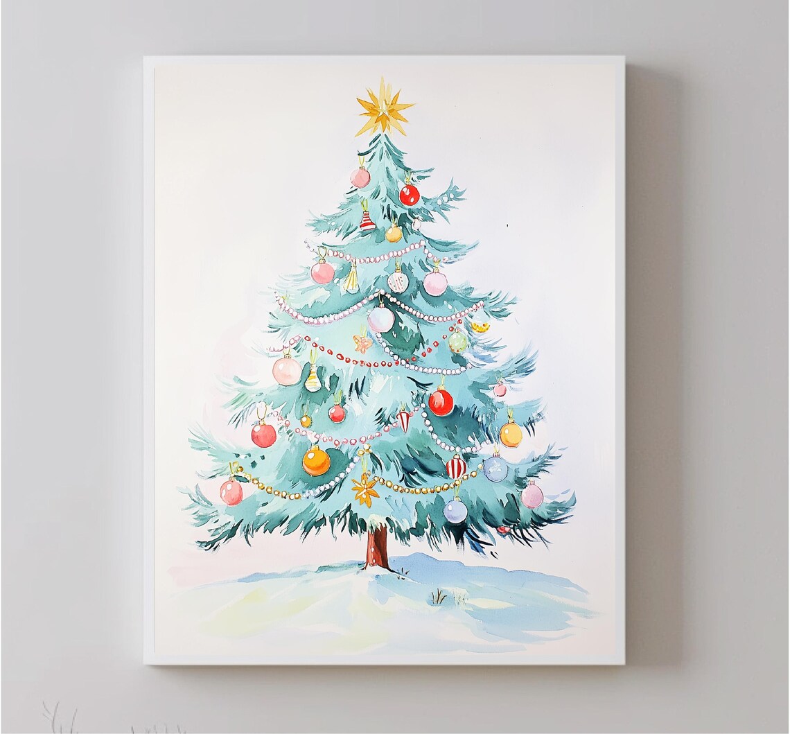 Retro Christmas Tree With Colorful Ornaments Watercolor Art Poster