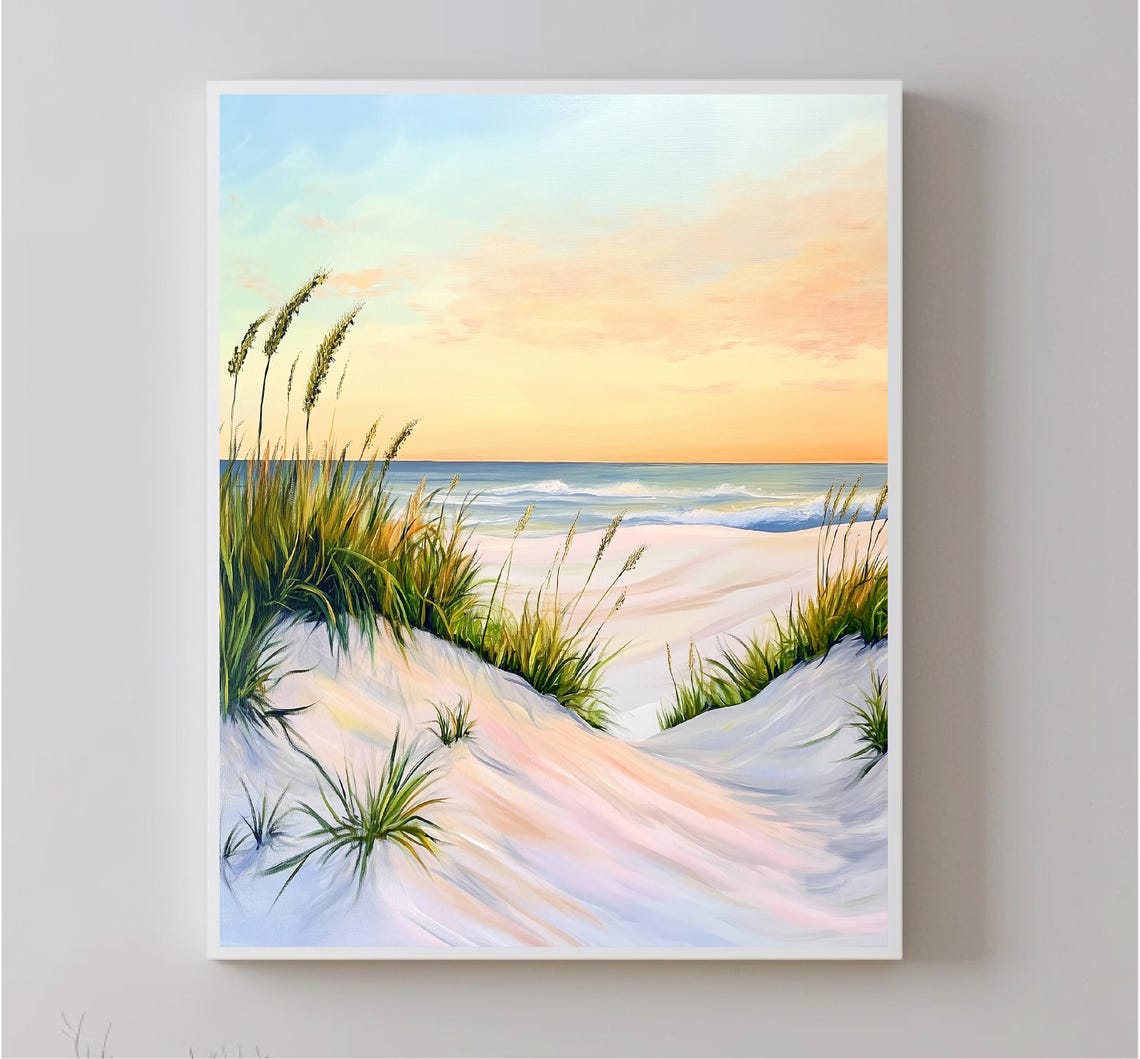 Beach Sand Dunes Sea Grass Sunset Ocean Waves Coastal Art Poster