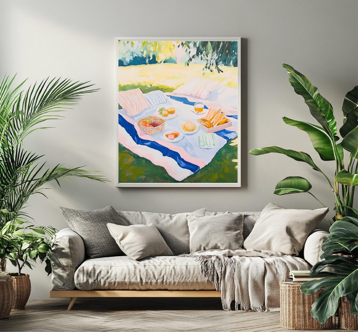 Sunny Summer Picnic Blanket Feast Park Meadow Painting Wall Poster - Image 2